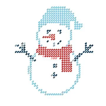 Cross stitch pattern of a cute snowman with a red scarf. Stock Illustration
