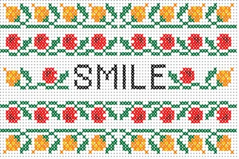 Cross stitch pattern  with elements of folk embroidery and word SMILE Stock Illustration