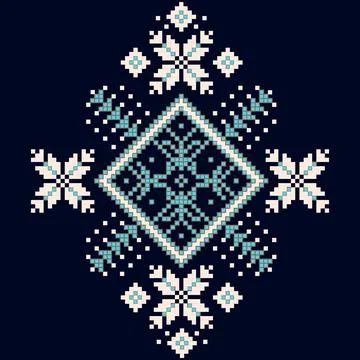 A cross stitch pattern with snowflakes on a dark blue background Stock Illustration
