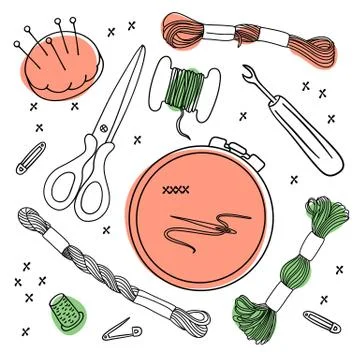 CROSS STITCH TOOLS Vector Illustration Set for sewing and embroidery Illustrazione stock