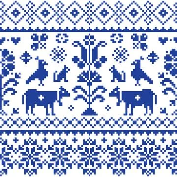 Cross stitch vector seamless folk art pattern - repetitive background Stock Illustration