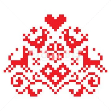 Cross stitch vector seamless folk art single pattern with flowers and animals Stock Illustration