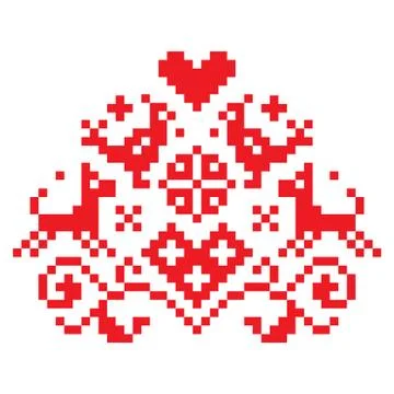 Cross stitch vector seamless folk art single pattern with flowers and animals Stock Illustration