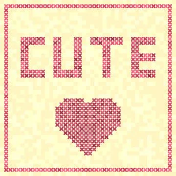 Cross-stitched vector illustration: rose heart, CUTE title Stock Illustration
