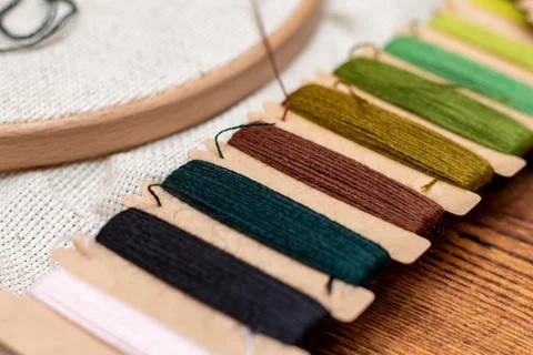Cross stitching embroidery process. Needle embroidery frame threads. Hobby DI Foto stock