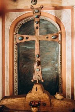 The cross with stone decorations is ancient Stock Photos