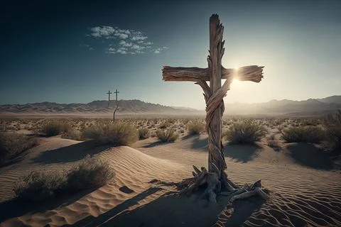 The cross stood in the desert sunlight. Stock Illustration