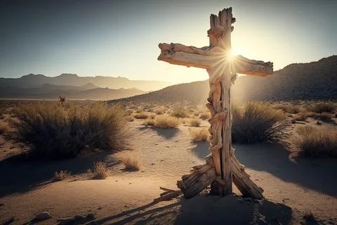 The cross stood in the desert sunlight. Stock Illustration