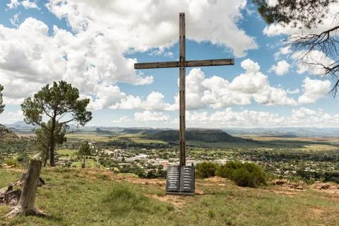 Cross with the Ten Commandments engraved on granite scroll, Ficksburg Stock Photos