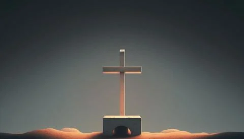 A cross on top of a hill with a sky background and a light shining on it bo.. Stock Illustration