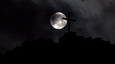 Cross on the Top of a Mountain, Full Moon Timelapse Stock Footage 98650123