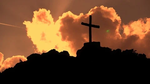 Cross on the Top of a Mountain, Sunset, Clouds Timelapse Stock Footage 106613805
