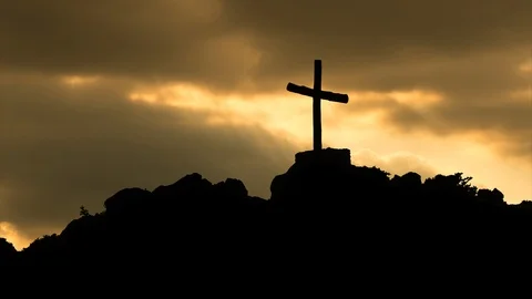 Cross on the Top of a Mountain, Timelapse at Sunset Stock Footage 93948644