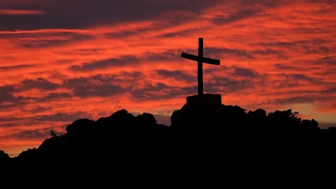 Cross on the Top of a Mountain, Timelapse at Sunset Stock Footage 97182530