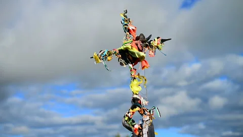 Cross on the viewpoint in "meseta", a long stretch of plateau.Camino de Santiago Stock Footage 130831565