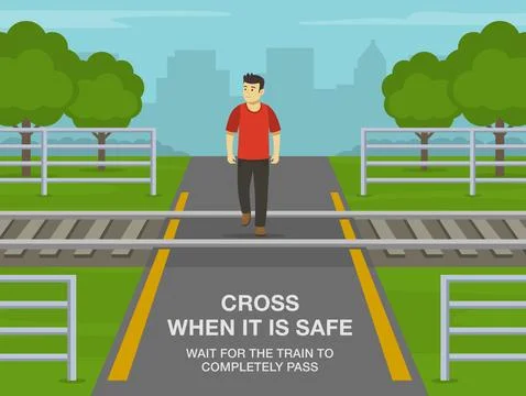 Cross when it is safe, wait for the train completely pass. Stock Illustration