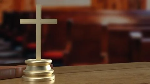 The cross on wood table for religion concept 3d rendering Stock Illustration