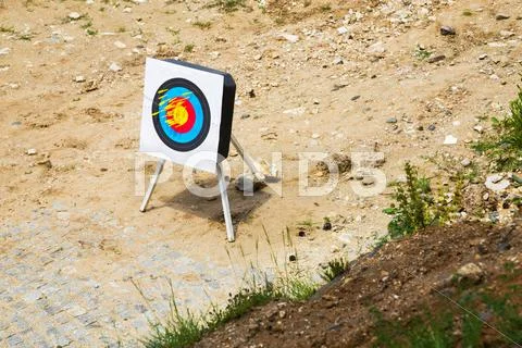Crossbow bolts in a portable target Stock Photos