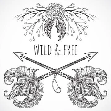 Crossed arrows ,feather, flower, leaf and branch in boho style. Stock Illustration