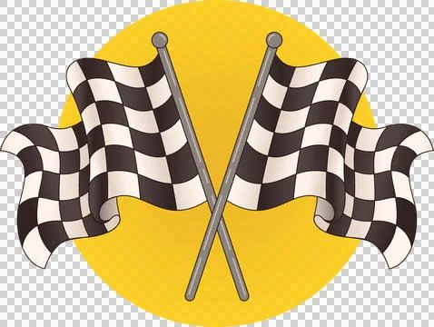 Crossed checkered flags are waving over yellow circle flat design transparent Stock Illustration