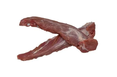 Crossed composition of fresh raw meat tenderloins on a solid white studio b.. Stock Photos