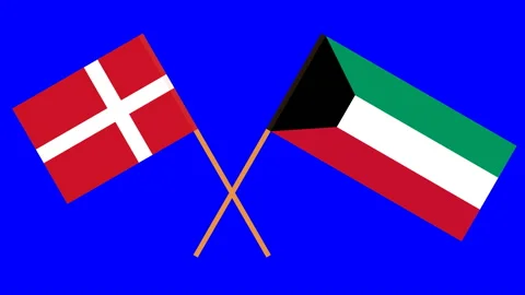 Crossed flags of Kuwait and Denmark in front of a blue screen. Chroma Key Stock Footage 96749042