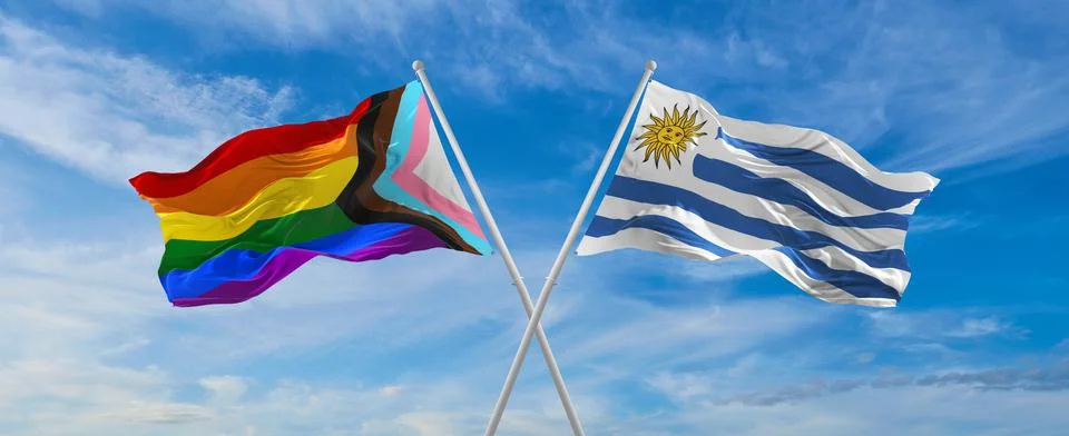 Crossed flags of progress lgbt pride and Uruguay flag waving in the wind at c Stock Illustration