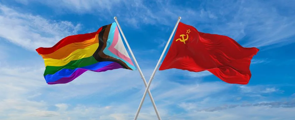 Crossed flags of progress lgbt pride and ussr flag waving in the wind at clou Stock Illustration
