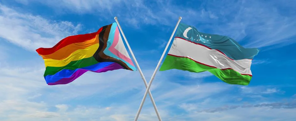 Crossed flags of progress lgbt pride and Uzbekistan flag waving in the wind a Stock Illustration
