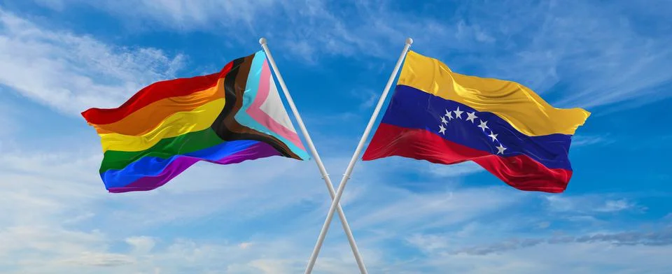 Crossed flags of progress lgbt pride and Venezuela flag waving in the wind at Stock Illustration