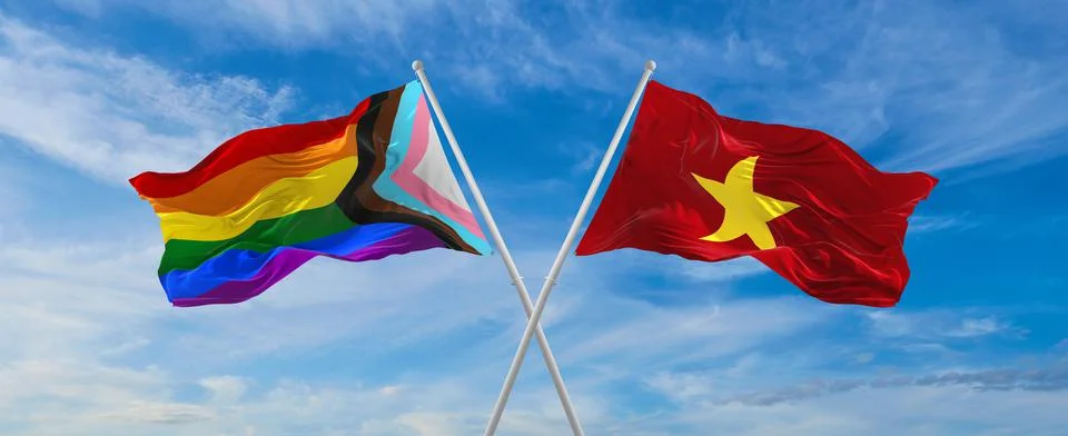 Crossed flags of progress lgbt pride and Vietnam flag waving in the wind at c Stock Illustration