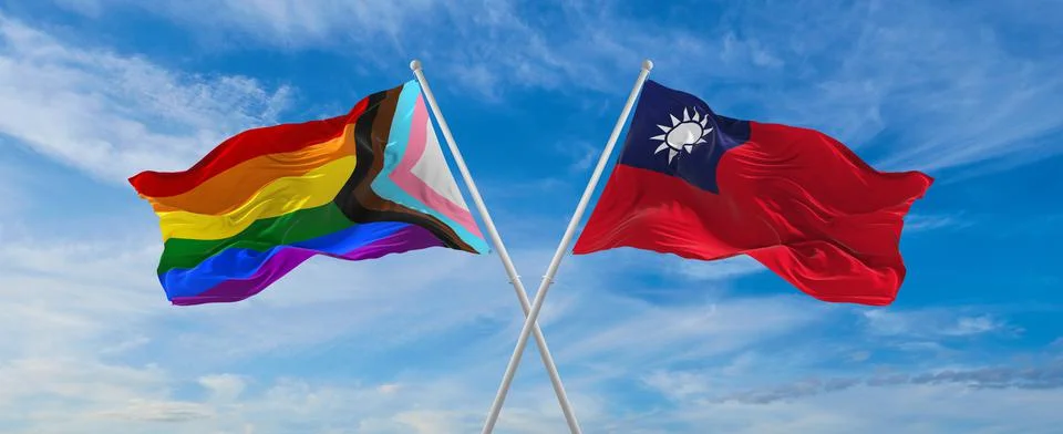 Crossed flags of progress lgbt pride and Taiwan flag waving in the wind at cl Stock Illustration