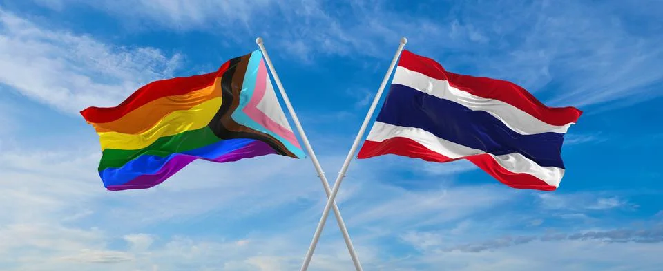 Crossed flags of progress lgbt pride and thailand flag waving in the wind at  Stock Illustration
