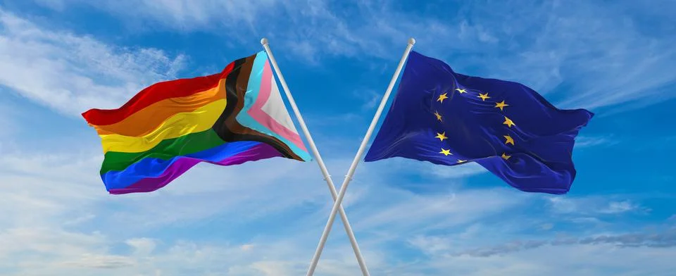 Crossed flags of progress lgbt pride and The European Union flag waving in th Stock Illustration