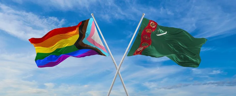 Crossed flags of progress lgbt pride and Turkmenistan flag waving in the wind Stock Illustration