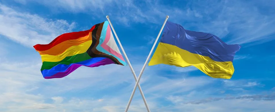 Crossed flags of progress lgbt pride and Ukraine flag waving in the wind at c Stock Illustration