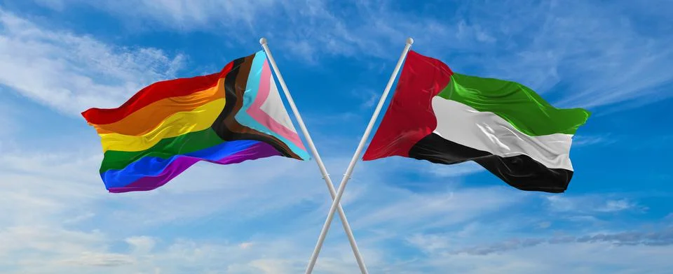 Crossed flags of progress lgbt pride and United Arab Emirates flag waving in  Stock Illustration