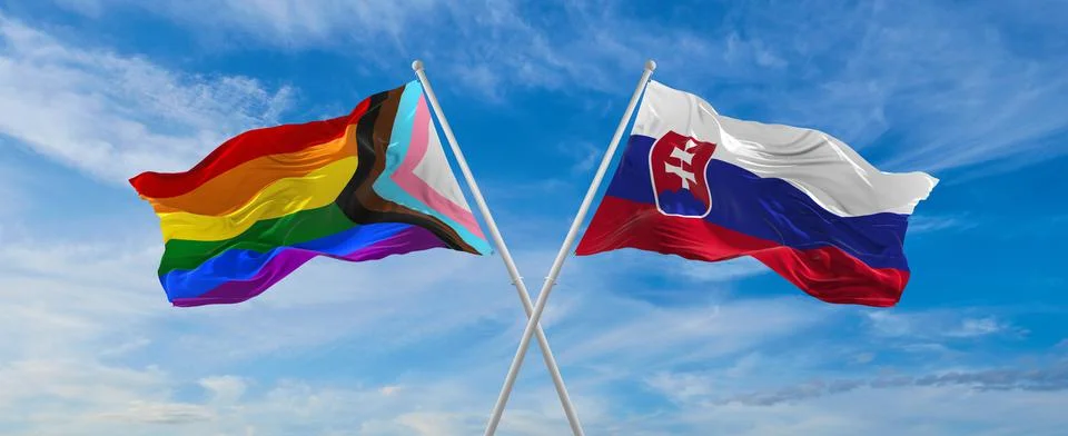 Crossed flags of progress lgbt pride and Slovakia flag waving in the wind at  Stock Illustration