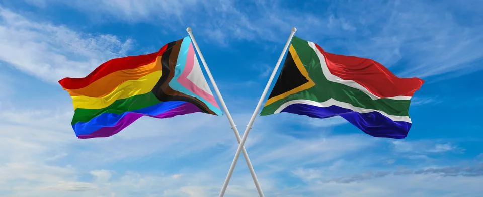 Crossed flags of progress lgbt pride and South Africa flag waving in the wind Stock Illustration