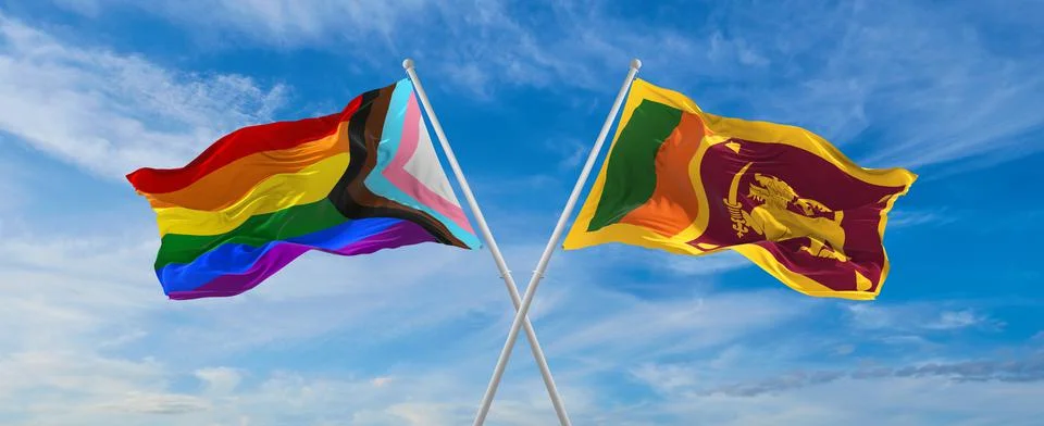 Crossed flags of progress lgbt pride and Sri Lanka flag waving in the wind at Stock Illustration