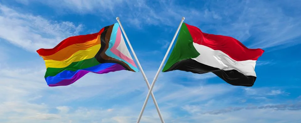 Crossed flags of progress lgbt pride and Sudan flag waving in the wind at clo Stock Illustration