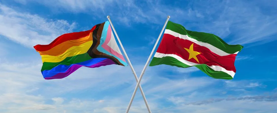 Crossed flags of progress lgbt pride and Suriname flag waving in the wind at  Stock Illustration