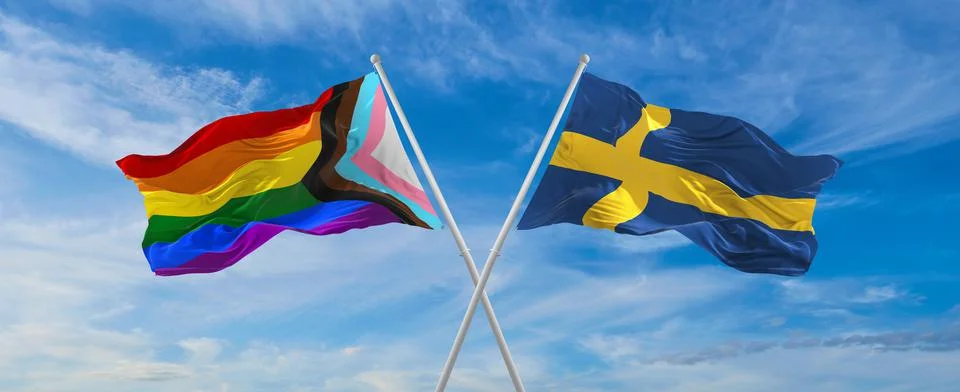 Crossed flags of progress lgbt pride and SWEDEN flag waving in the wind at cl Stock Illustration