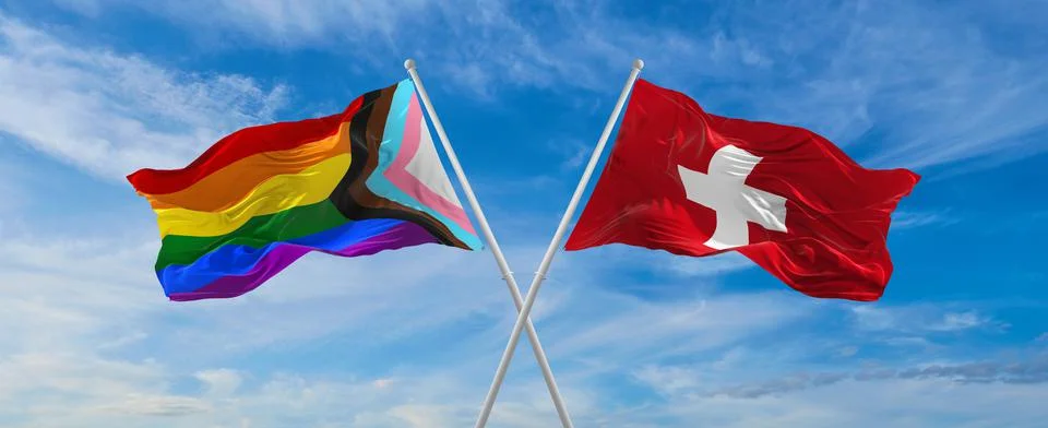 Crossed flags of progress lgbt pride and switzerland flag waving in the wind  Stock Illustration