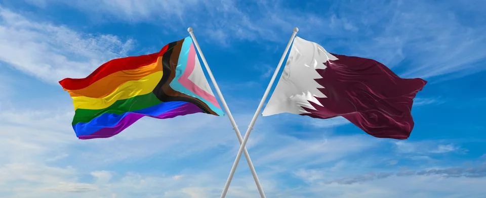 Crossed flags of progress lgbt pride and Qatar flag waving in the wind at clo Stock Illustration