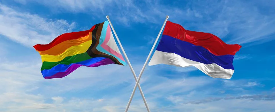 Crossed flags of progress lgbt pride and Republic Srpska flag waving in the w Stock Illustration
