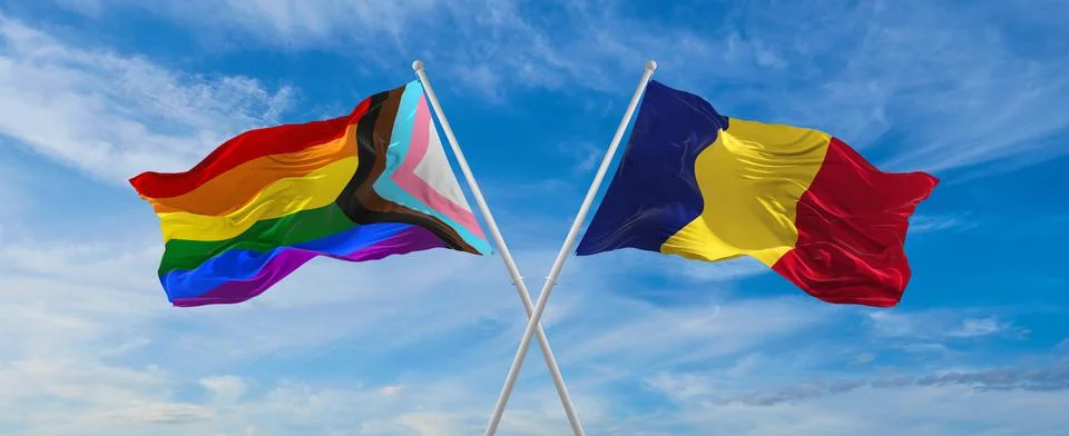 Crossed flags of progress lgbt pride and romania flag waving in the wind at c Stock Illustration
