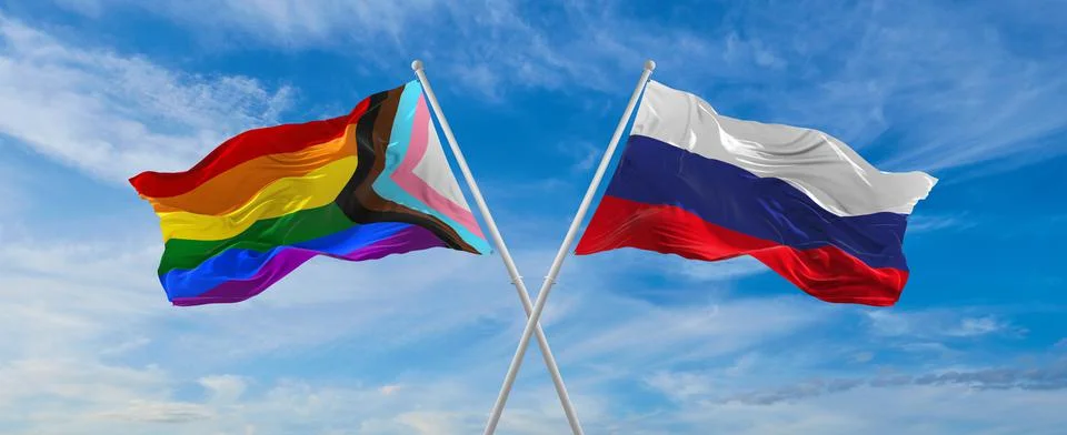 Crossed flags of progress lgbt pride and Russia flag waving in the wind at cl Stock Illustration