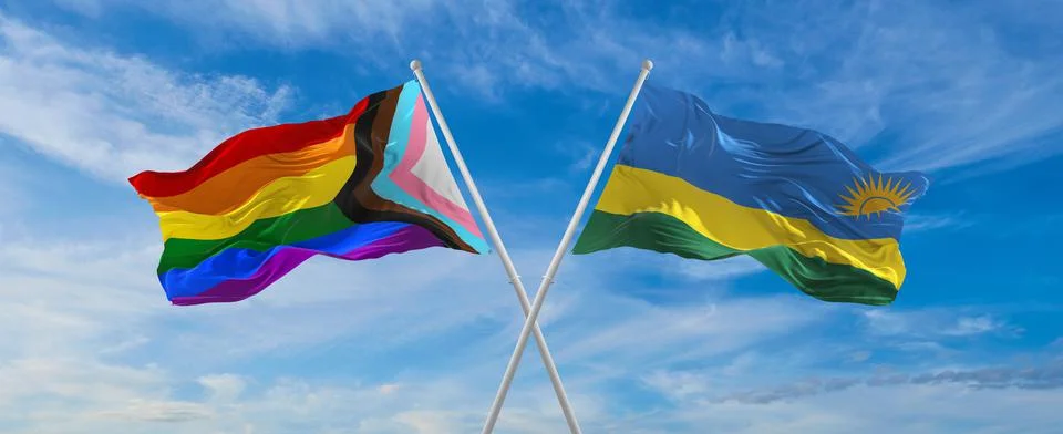 Crossed flags of progress lgbt pride and Rwanda flag waving in the wind at cl Stock Illustration