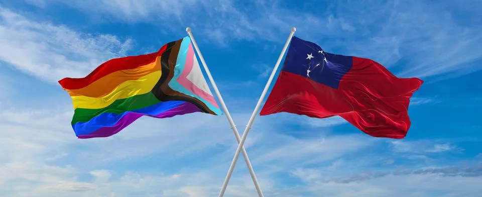 Crossed flags of progress lgbt pride and Samoa flag waving in the wind at clo Stock Illustration